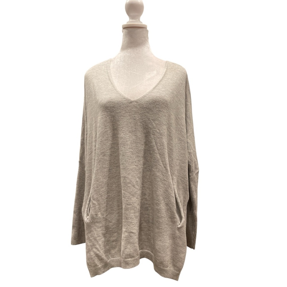 Babaton S/M Gray Wool Linen Oversized V-Neck Pocket Sweater